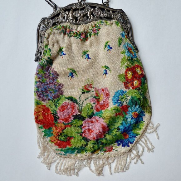 Antique Edwardian Glass Bead Flower Roses Purse Silver Cherub Frame Czech? - Picture 8 of 15